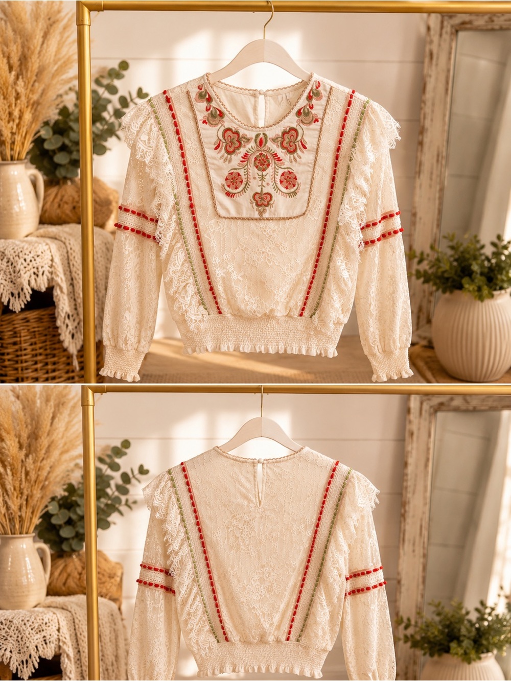 Ivory Lace Embroidered Ruffle Blouse with Red & Green Accents